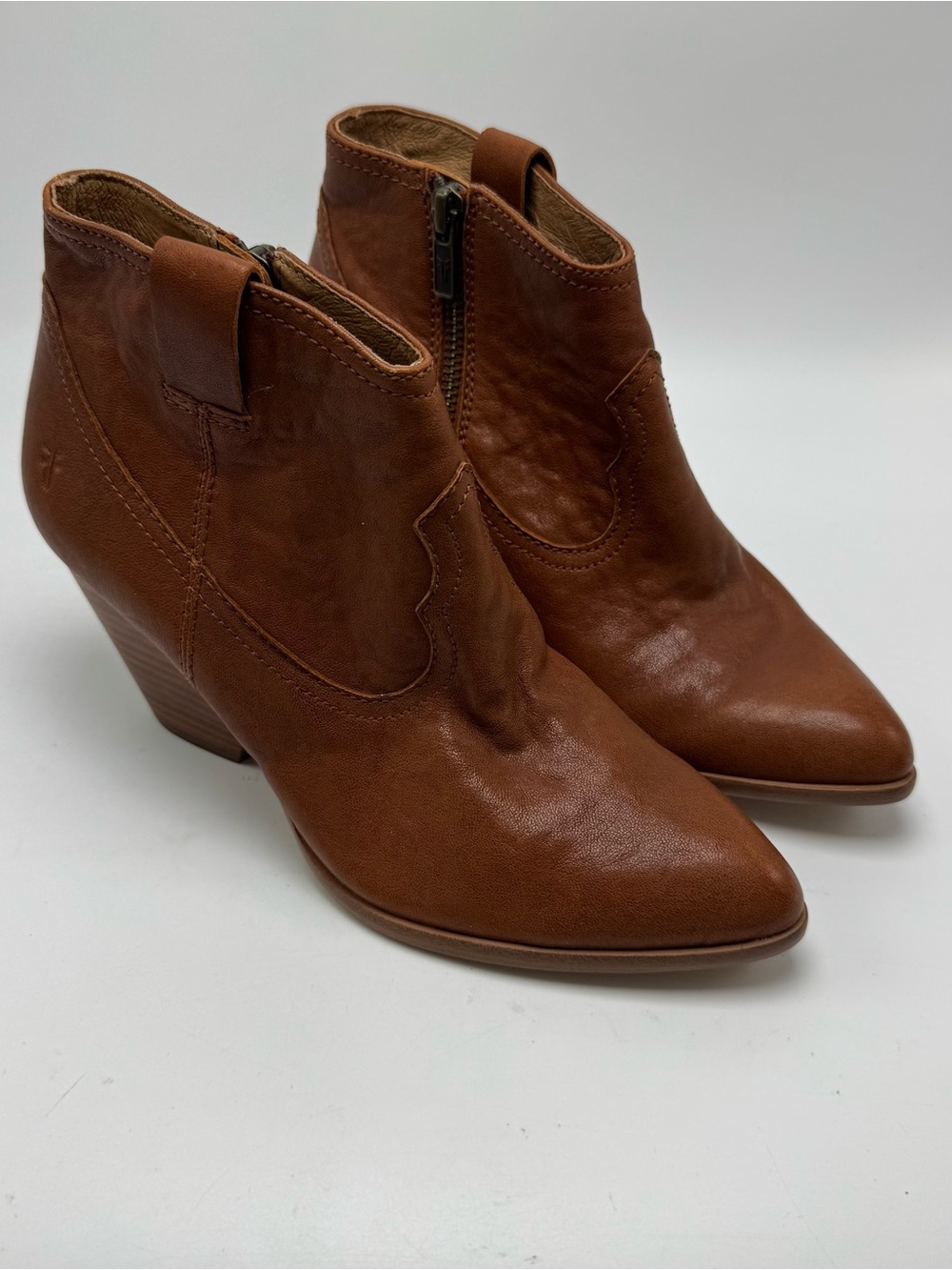 Frye Reina Cognac Leather Western Pointed Toe Ankle Booties Size 7M Boho Cowgirl - Picture 3 of 11